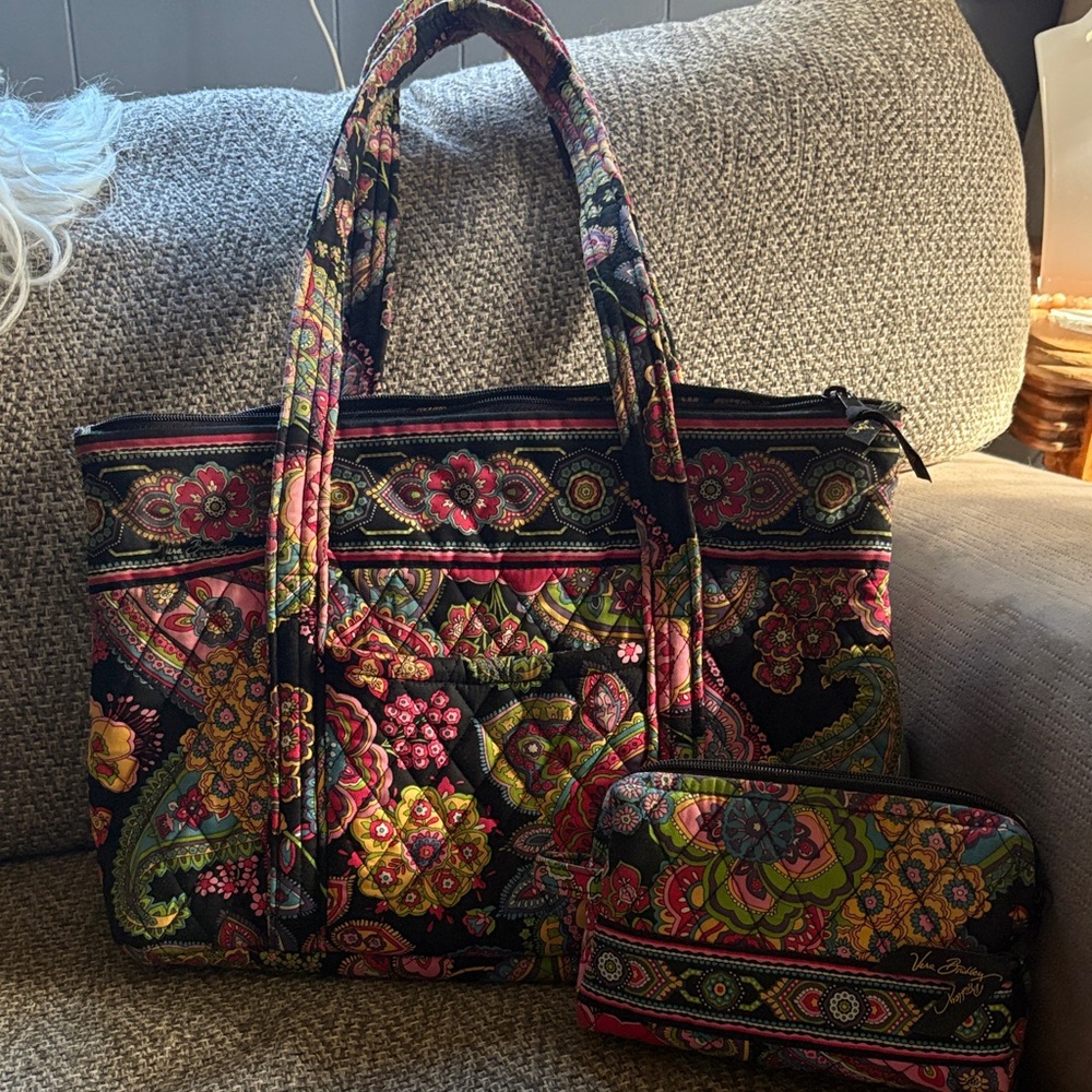 Vera Bradley Black Multicolor Paisley Quilted Tote with Wristlet
